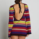 Tineit Sexy Backless Tie-up Long Sleeve Dress Chic Women Elegant Lady Knitted Striped Mini Dress Summer Beach Holiday Club Party