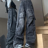 Tineit New Multi-pocket High Street American Tooling Wide-leg Jeans Female Y2K Street Punk Style Loose Street Brand Washing Old Pants