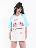 Tineit Kawaii Cat Print T-shirts for Women Funny Kitty Graphic Pink Tee Shirt Summer Japanese Style Oversize Streetwear Clothes