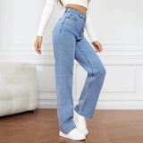 Tineit Women Jeans Straight Pants Denim Washing High Waist Loose Fit Pockets Basics Ankle Length Pants Solid Color Slight Strech