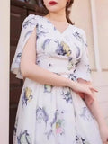 Tineit  Elegant Rose Floral Print Vestidos Women 2025 New Dress V-neck Tunic Vestido Summer High Waist Dresses Back Lace-up Bow Robes