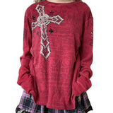 Tineit Gothic Cyber Grunge Y2K Long Sleeve Tops 00s Vintage Graphic Oversize T-shirt Emo Alt Clothes Women Autumn O Neck Tees