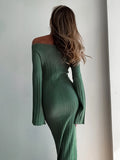 Tineit Knit Long Sleeve Slim Dress For Women Elegant One-Shoulder Sexy Long Gown Dresses Solid Rib Sweater Dress Autumn Winter