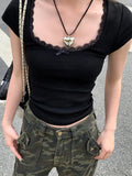 Tineit Black Lace T-shirts Women Coquette Square Collar Tees Korean Fashion Spring Summer Bow Knot Top Y2k Aesthetic Clothes