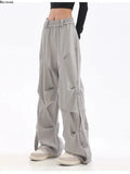 Tineit Y2K Pleated Grey Cargo Pants Women Streetwear Korean Oversize Wide Leg Baggy Pants Hip Hop Jogger Trousers Elastic Waist