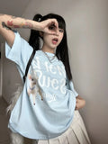 Tineit Blue Dog Graphic T Shirts Women Short Sleeve O-neck Letter Tees Cartoon Print Tops Japan Style Cutecore Kawaii Clothes