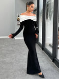 Black Friday Tineit Color Block Off-Shoulder Long Dress Women's Higt Waist Elegant Gown Dress Long Sleeve Splice Bodycon Dress Female Fashion