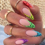 Tineit-Fall nails Christmas nails 24pcs Long Almond False Nails Colorful Colorblock Design Leopard Fake Nail DIY Full Cover Detachable Nail Tips Press On Nail