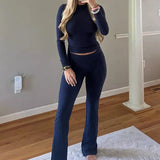 Tineit 2 Piece Elegant Slim Fit Loungwear Outfits Women Pants Set Autumn Casual Long Sleeve Crop Top T-shirt + Leggings Pants Tracksuit