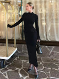 Black Friday Tineit Half Turtleneck Long Sleeves Maxi Dress Fashion Office Lady Clothing Back Slit Gown Dress Female Solid Streetwear Autumn