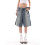 Tineit Blue Women's Shorts Jeans High Waist Straight Pants TIKTOK Streetwear Y2K 90s Vintage Female Wide Leg Denim Five Points Trouser