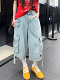 Tineit Y2k White Calf-Length Cargo Pants Women Baggy High Wasit Denim Shorts Safari Style Summer Korean Wide Leg Jeans Female