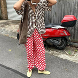 Tineit Women's Y2K Vintage Wide Leg Pants Casual Sun/Checkerboard Print Loose Drawstring Elastic Waist Trousers Streetwear