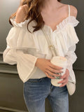 Tineit Sexy Off Shoulder Blouses Women Spring Summer Solid Color Chiffon T-shirt Casual Loose Spaghetti Strap Flare Sleeve Ruffles Tops