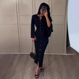 Tineit Two Piece Set Women Outfits Casual Tops Slim Fit Long Skirt Suit Round Collar Blouse Buttons Split Skirts Sets Female Ensemble