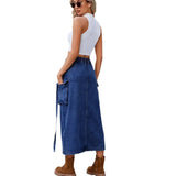 Tineit Women Skirts Solid Denim Spliced Ankle Length Dress Wrap Buttocks Slim Fit Pockets Safari Style Distressed Washed Skirt