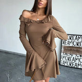 Black Friday Tineit Flare Sleeve Slim Mini Dress For Women Fungus Splice Long Sleeve Outfits New Female Elegant Club Party Dresses High Waist