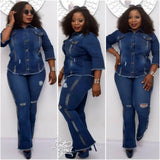 Tineit Two Piece Set Women Cowboy Suit Jean Jacket Single Breasted Turndown Collar Hole Flare Pants Female Outfits Casual Ensemble