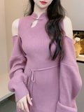 Off Shoulder Knit Vestidos Mujer Japanese Long Sleeve Vestido Lace Up Tunic Dress Disc Button Ropa Mujer Fall Dresses Women