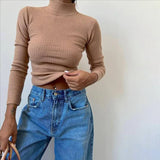 Tineit Elegant Lady Long Sleeve Skinny Knitted Crop Tops Women Autumn Spring Casual T-Shirt Korean Fashion Basic Black White Tees