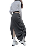 Tineit Retro Women Long Cargo Pocket Baggy Skirts Side Drawstring Low Rise Solid Pockets Hip Hop Straight Skirts Y2k Streetwear