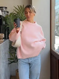 Black Friday Tineit Pink Sweet Pullover Sweater For Women Round Neck Solid Color Loose Knitted Top Long Sleeve Female 2024 Autumn Fashion