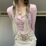 Tineit Y2K Sweet Pink Lace Trim Long Sleeve Corset Crop Tops Korean Style Cute Aesthetic Slim T-Shirt Women Basic Tees Autumn Pullovers