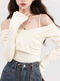 Tineit Sexy Off Shoulder T Shirt Women Spring Long Sleeve Backless Tops Ladies Korean Fashion Ulzzang Hotsweet Slim Y2k Aesthetic Tees