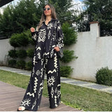 Tineit Two Piece Sets Women Print Blouse Shirt Single Breasted Wide Leg Pants Lace Up Full Length Loose Fit Suit Casual Ensemble