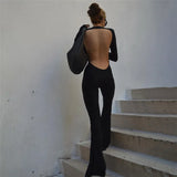 Tineit 90s Vintage Rompers Overall Female Sexy Backless Skinny Jumpsuits Chic Women Long Sleeve Flare Pants Y2K Aesthetic Streetwear