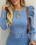 Tineit Denim Blue Women blouse Round Neck Puff Sleeve Corset Top Long Sleeve Shirt Sexy Tops Blouses Denim Top Shirt Sweetheart Slim