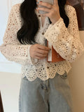 Tineit Hollow Out Lace Blouses Women Elegant Casual Long Sleeve Knitwear Tops Ladies Korean Fashion Sweet Vintage Hook Flowers Cardigan