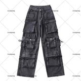 Tineit European And American Trends Street Hip-hop Multi-pocket Heavy Washing Jeans Female Y2K Retro Tooling Straight Casual Overalls