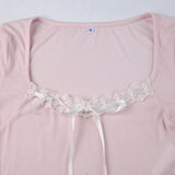 Tineit Y2K Lace Trim Bowknot T-shirt 00s Retro Sweet Girl Pink Crop Tops Square Collar Long Sleeve Ribbed Tees Fairycore Kawaii Women