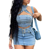 Tineit Denim Dress Sets Mini Wrap Buttocks Dress Slim Sheath Solid Two Pieces Sashes Sexy Pullover Tops Washed High Street Spliced