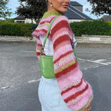 Tineit Y2K Vintage Striped Loose Long Sleeves Pullover Crop Tops Chic Women Knitted Shrug Sweater 00s Retro Smock T-shirt Streetwear