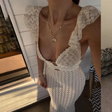 Tineit Femme Holiday Knitted Beach Dress Lady Deep V Neck Sexy Maxi Dresses Women Backless See Through High Waist Long Cover Up Dress