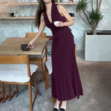 Tineit Solid Ankle Length Dress Sets Pleated Skirts V Neck Sleeveless Vest Single Breasted Two Pieces Loose Button Office Lady 2024