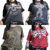 Tineit Y2K Star Skull Print Short Sleeve Tee Cyber Grunge Graphic T-shirt Japanese Emo 00s Vintage Gothic T-shirt Women Men