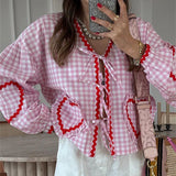 Tineit Vintage Y2K Loose Fit Tees Y2K Holiday 00s Kawaii Heart Patched Frill T-shirt Plaid Print Bow Tie-Up Long Sleeve Blouse Shirts