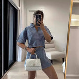 Tineit Two Piece Sets Women Cowboy Outfits Casual Shirt Polo Neck Pockets Spliced Shorts Skirt Irregular Suits Summer Female Ensemble