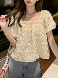 Tineit French Style Sweet Blouses Women Summer Puff Sleeve Square Collar Vintage Solid Shirts Fashion Preppy Style Casual Loose Tops