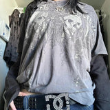 Tineit Japanese Edgy 00s Retro Gothic Emo T-shirt Cyber Y2K Grunge Mall Goth Top Patchwork Full Sleeve Baggy Pullovers Tees