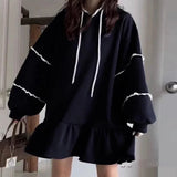 Tineit Velvet Lace Spliced Vestidos Hooded Long Sleeve Vestido Loose A-line Dresses Korean Hoodie Dress Spring Autumn Ropa Mujer