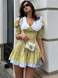 Tineit-Summer Printed Patchwork Mini Dress Female V-Neck Short Sleeve Slim Fashion Elegant Party Dress Gown For Women Dress 2024