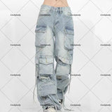 Tineit European And American Trends Street Hip-hop Multi-pocket Heavy Washing Jeans Female Y2K Retro Tooling Straight Casual Overalls