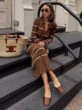 Black Friday Tineit Elegant Slim Striped Knit Long Dress Women's Lapel Retro Block Color Long Sleeve Button Sweater Dress Club Party Dress