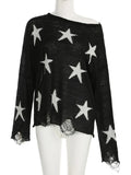 Black Friday Tineit Street Stars Printed irregular Wide Collar Sweater Hot Girl Loose Thin Ripped Knit Sexy See Through Pullovers Long Sleeve