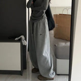 Tineit Fleeced Grey Baggy Sweatpants Women High Waist Vintage Embroidery Pants Korean Streetwear Y2K Casual Loose Straight Pants