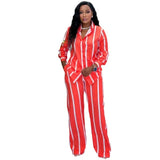 Tineit Two Piece Sets Women Causal Striped Print Ensemble Blouse Single Breasted Wide Leg Pants 2024 Autumn Outfits Office Lady Suit